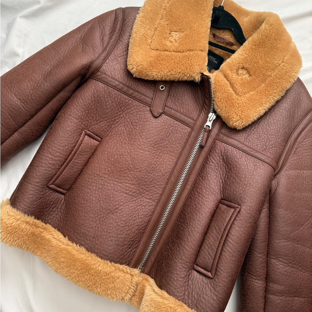 Urban Outfitters Brown Leather Jacket with Tan Fur Trim